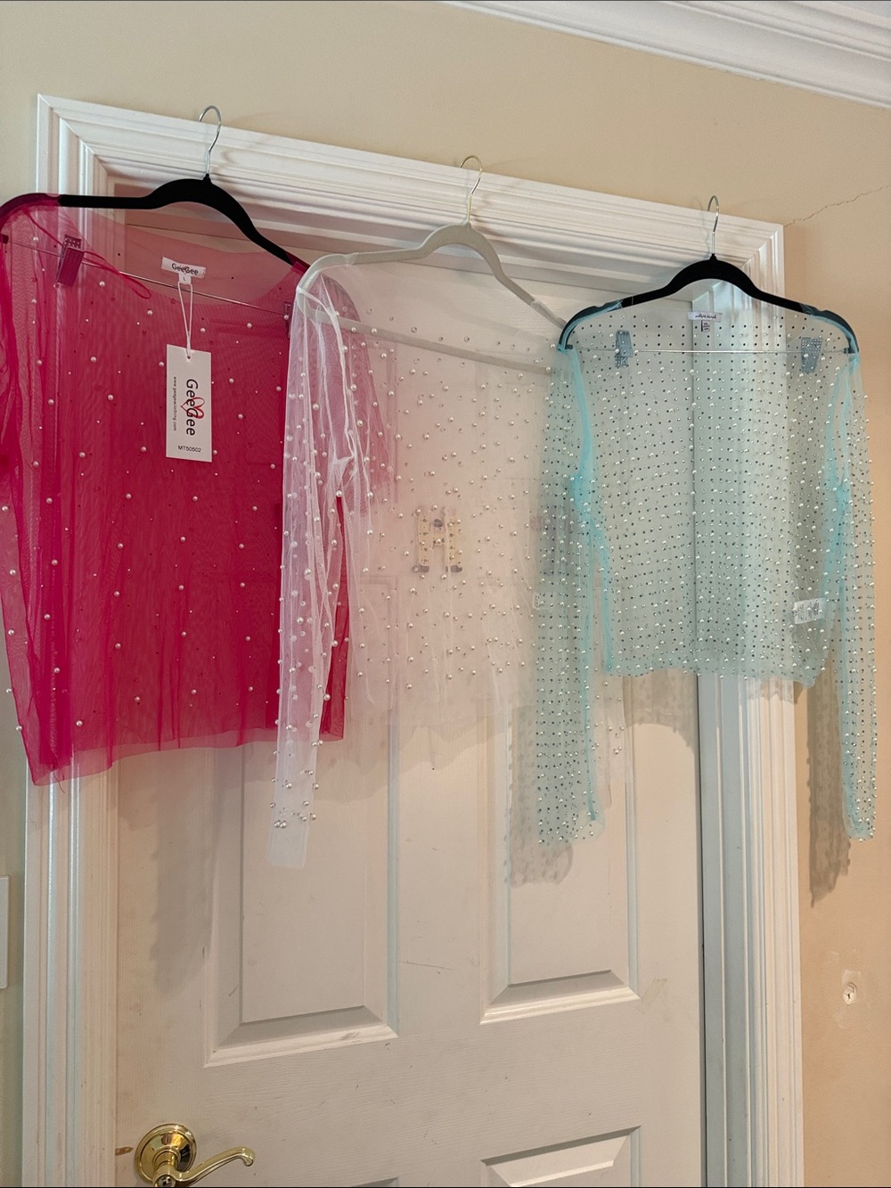 white birch Sheer Embellished Long-Sleeve Top - Hot Pink, White, Aqua lg/xl